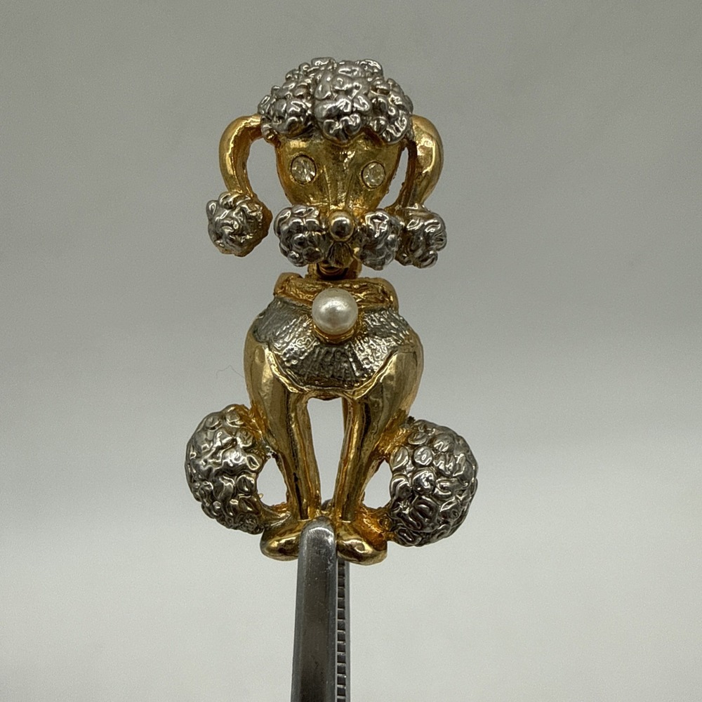 Gold Tone Poodle Dog Pin Brooch w/ Bouncy Head Faux Pearl